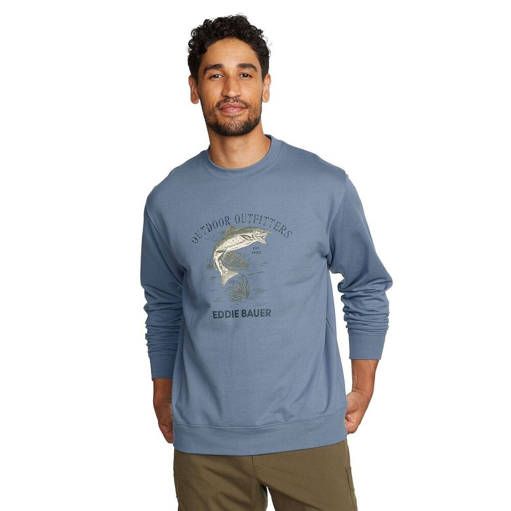 Eddie Bauer Men's Fish Graphic Crewneck Sweatshirt Chambray Blue Tall M, XXL NWT